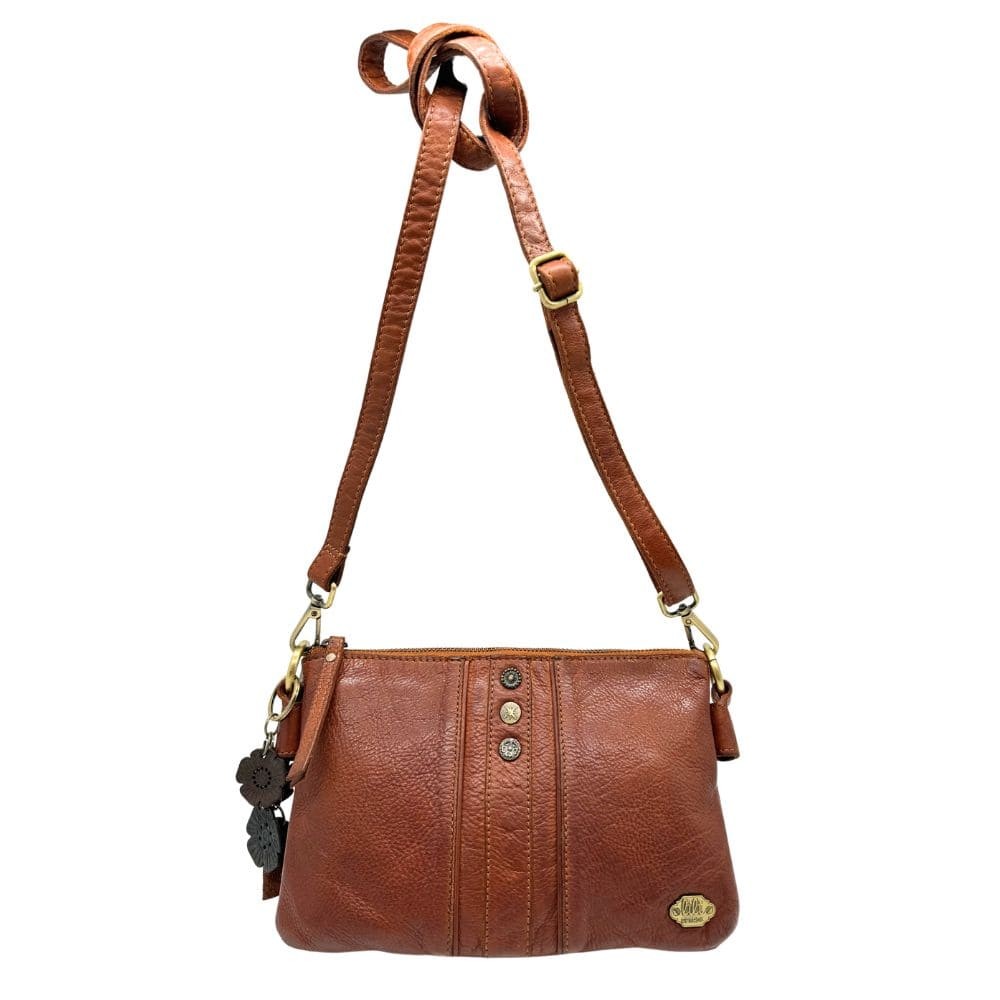 Sac bandoulière lili PETROL Cognac vue de face avec un fond blanc