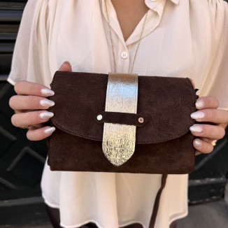 sac en cuir de vachette couleur chocolat avec bande doré